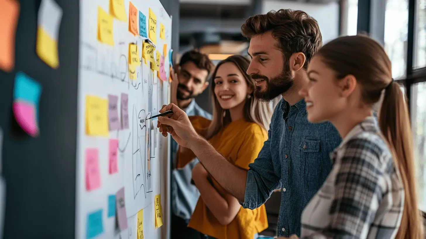 A team of employees brainstorming SEO ideas on a whiteboard in their office.