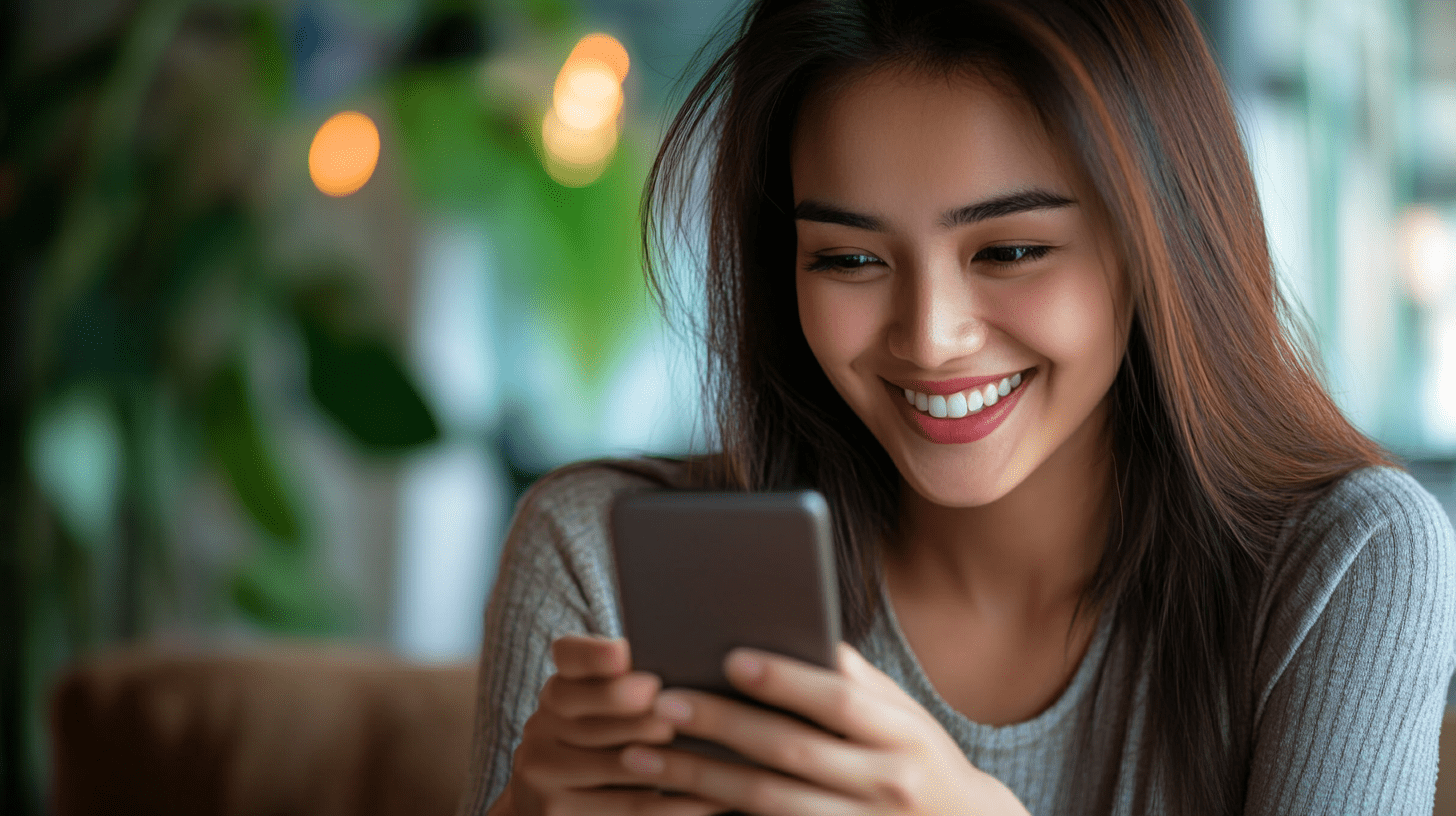A woman reading engaging content on her mobile phone.