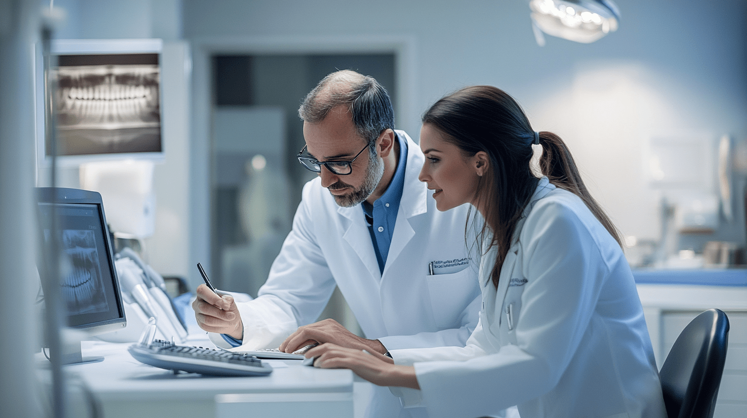 Two dentists working on their SEO in their clinic.
