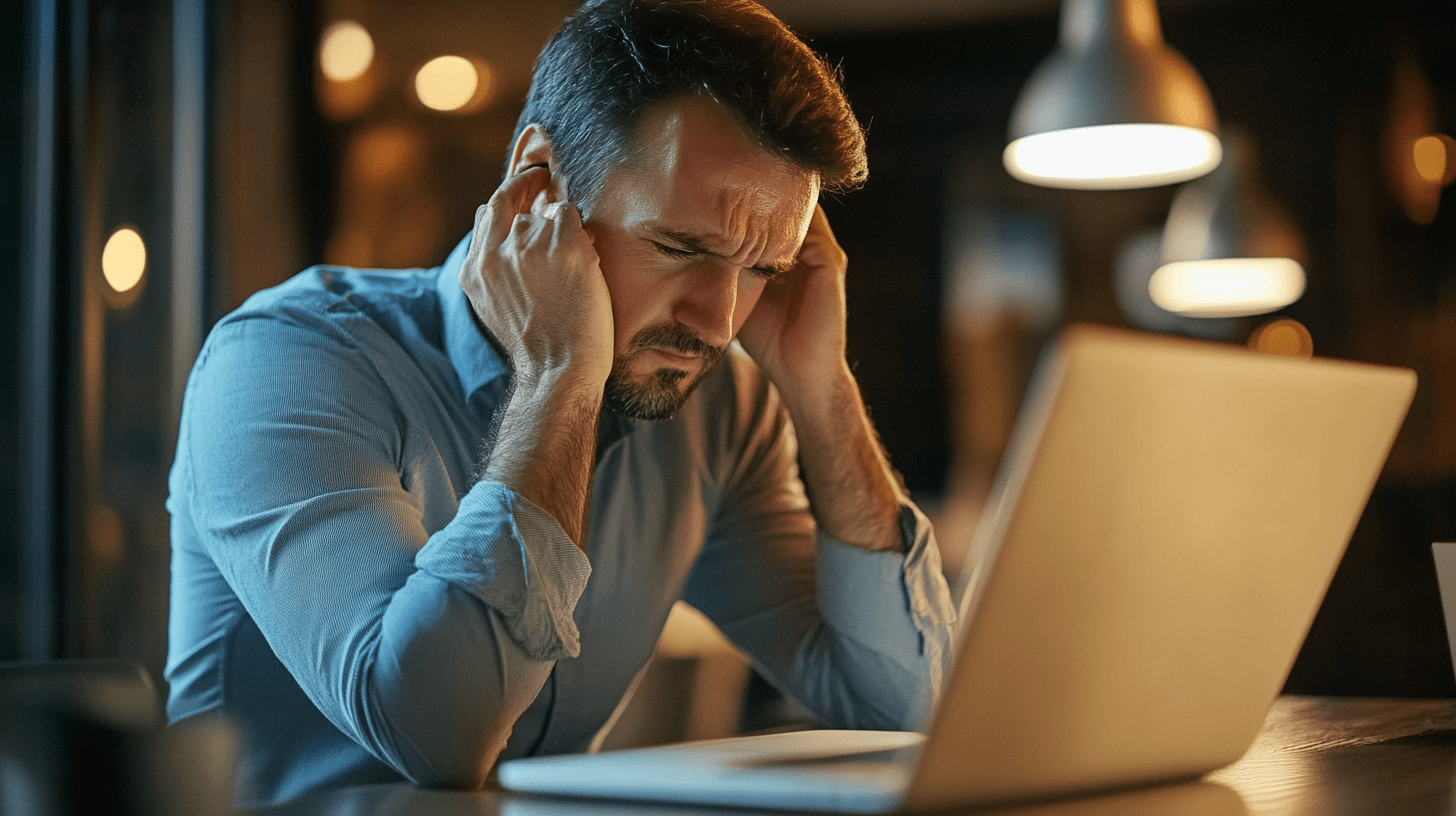 A business owner working on his laptop and frowning.