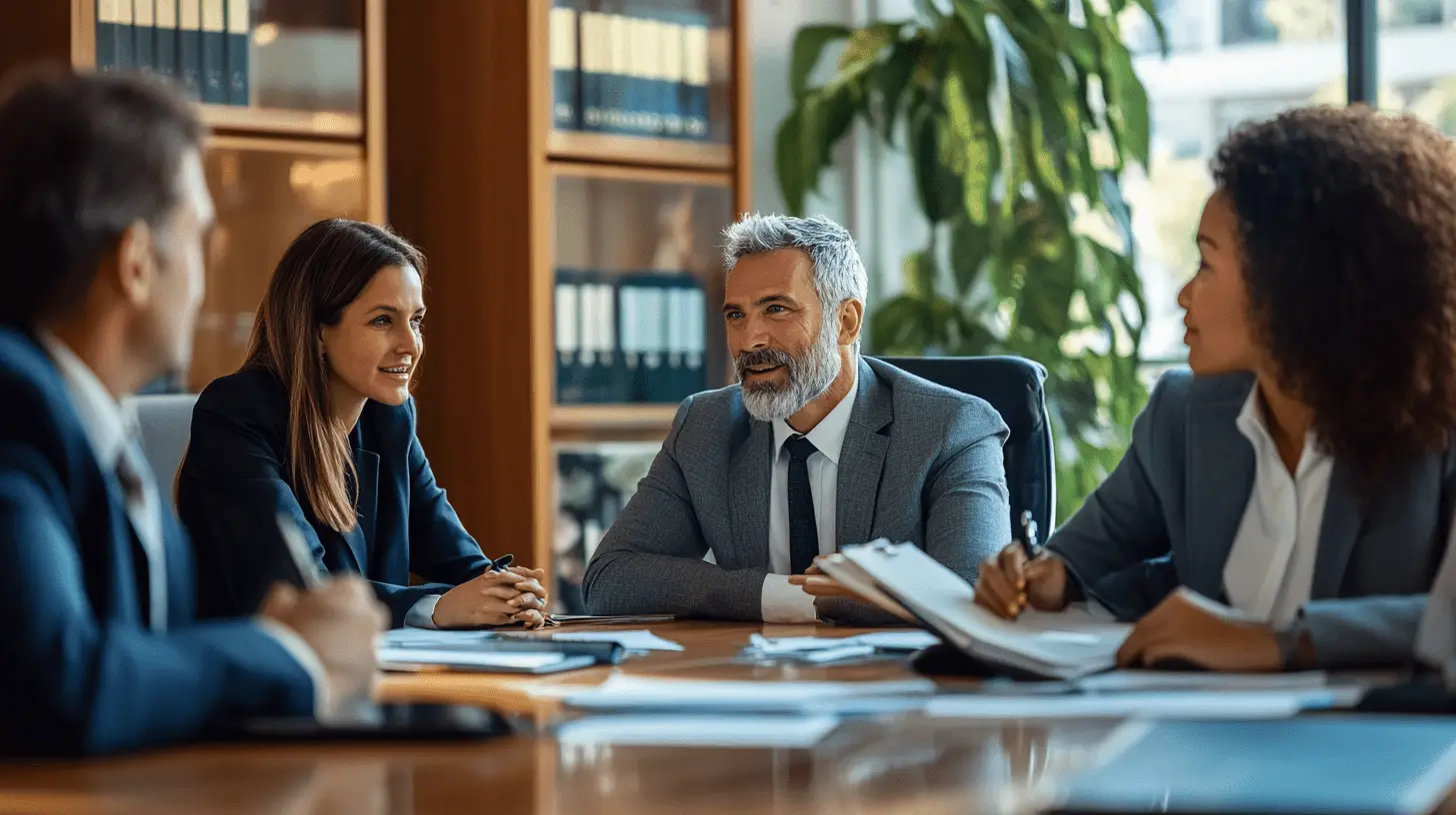 A team of business people talking about SEO in their office.
