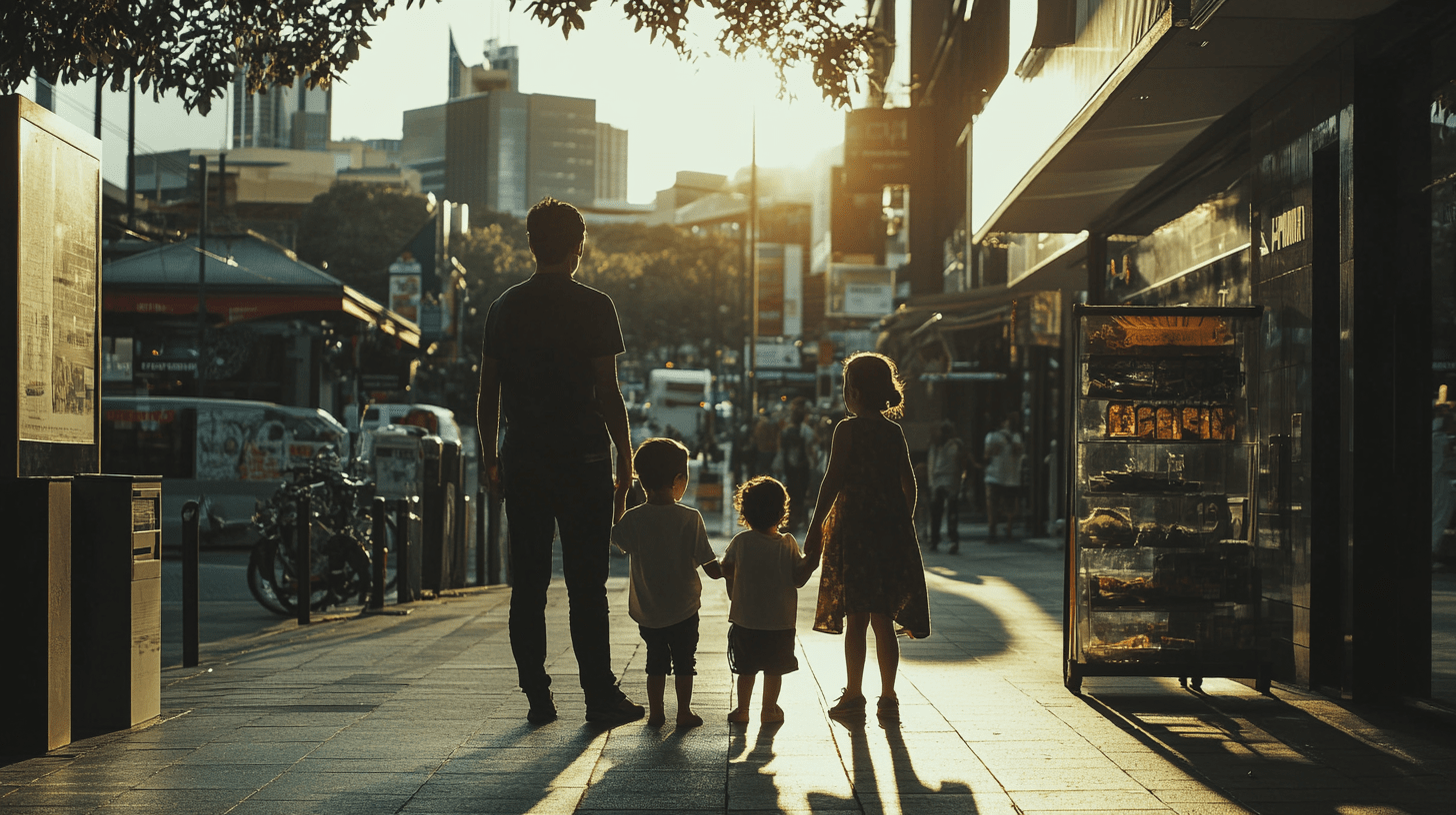 A family standing outside in Chatswood, Sydney.