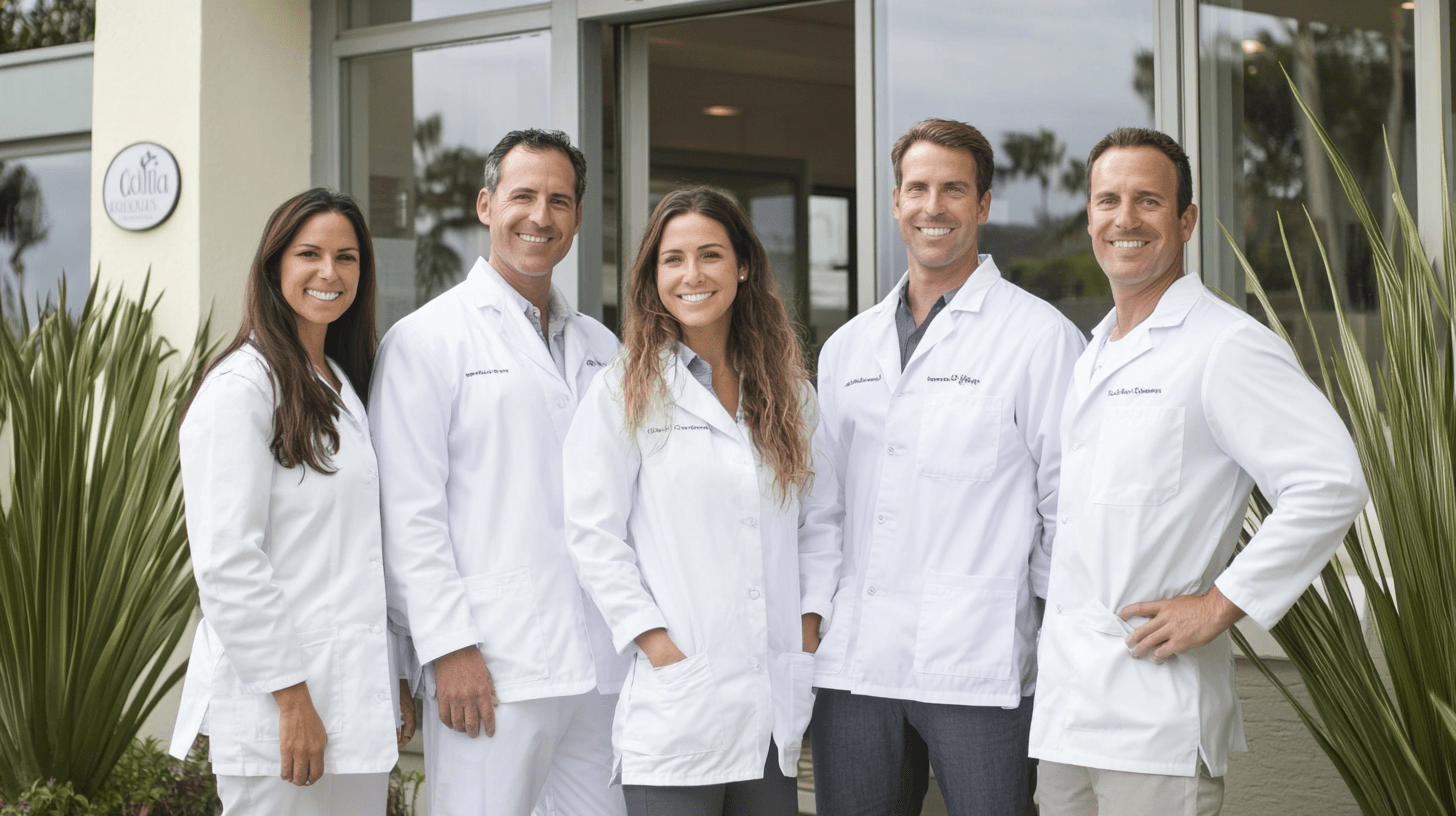 A team of dentists standing outside their clinic in Del Mar, California.