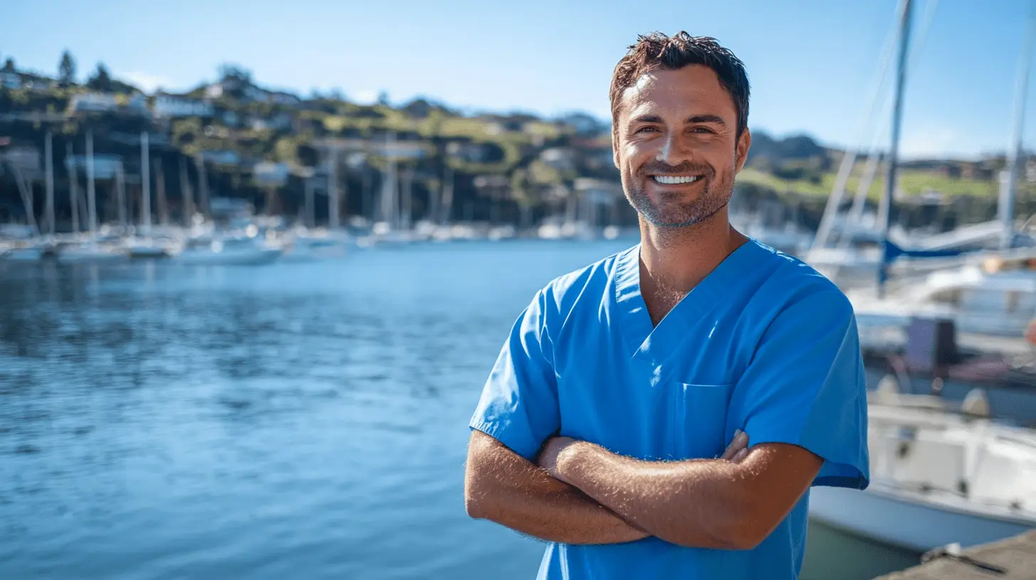 A Dentist standing on the shore of Tiburon Bay, California.