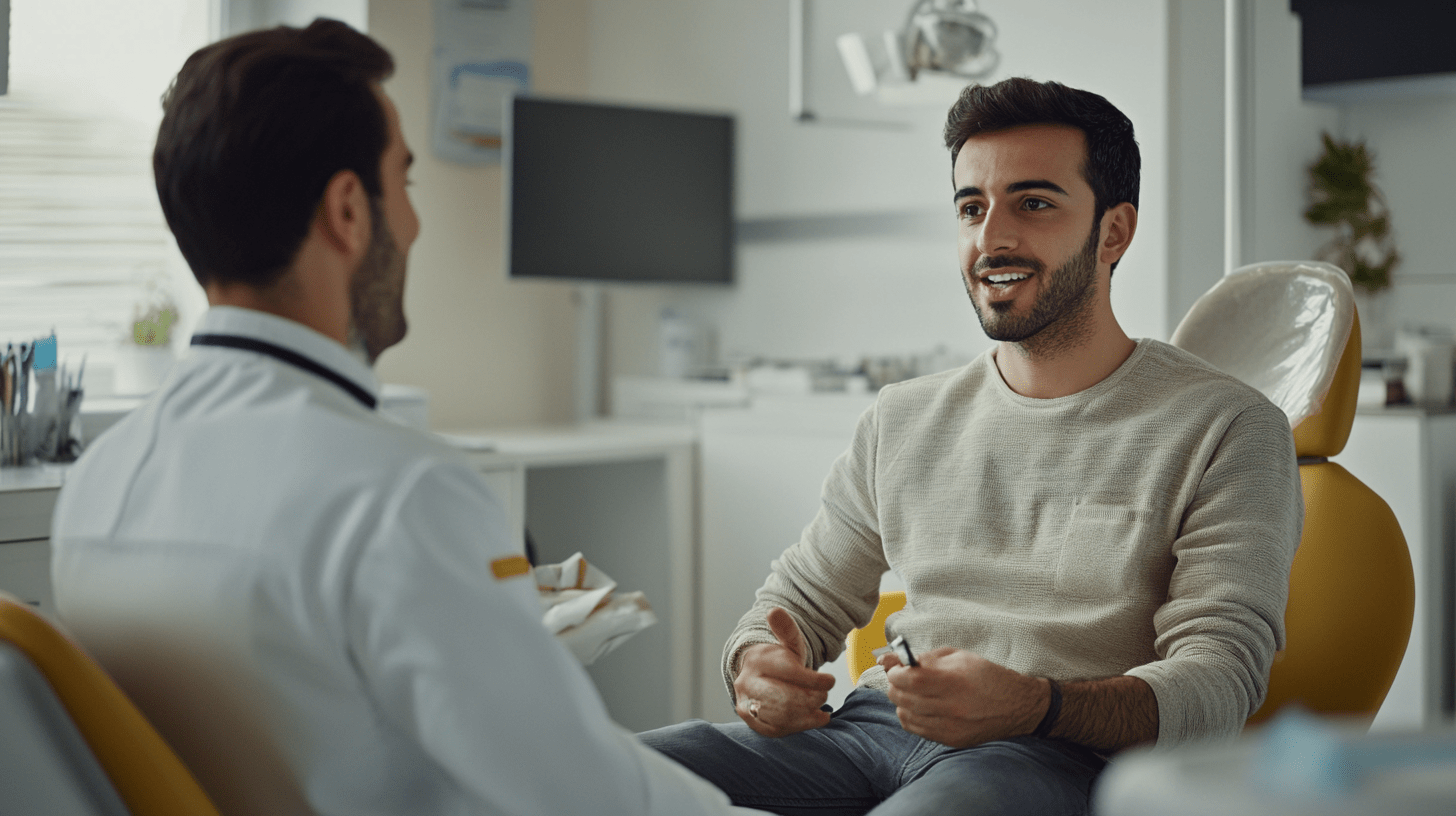 A patient talking to a dentist in his clinic in Tiburon Bay about Dental implants.