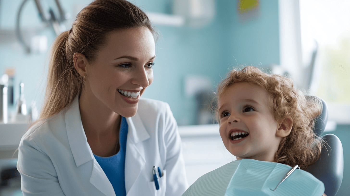 A Dentist talking to a child patient in her clinic in San Diego.