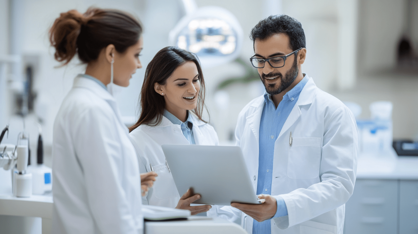 Three Dentists in their clinic working on a laptop in San Diego.