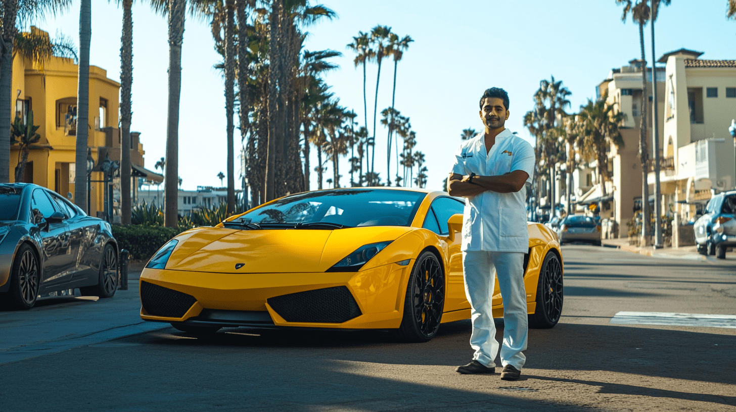 A Dentist standing next to his car in San Diego.