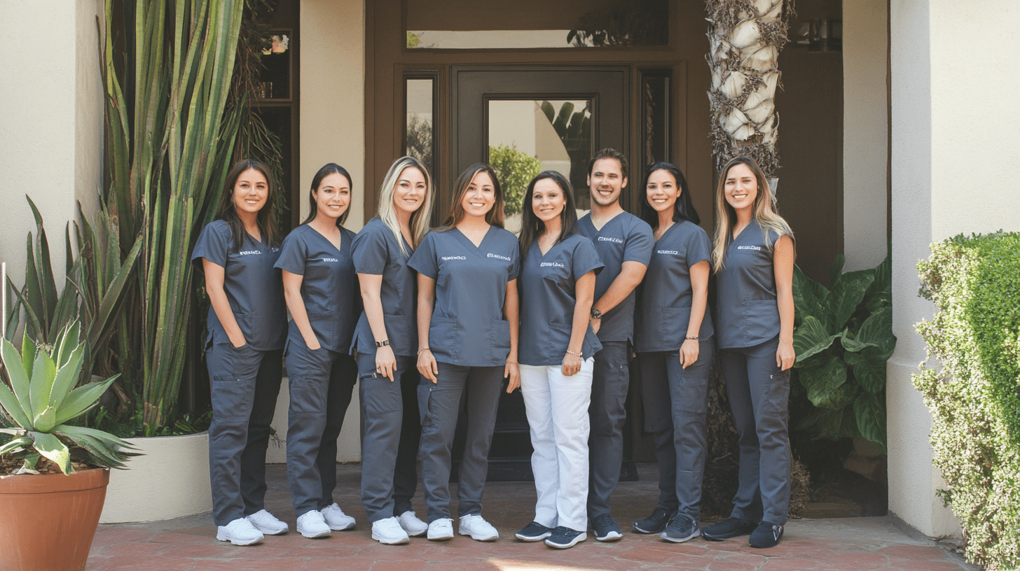 A team of dentists standing outside their clinic in Balboa Park, California.