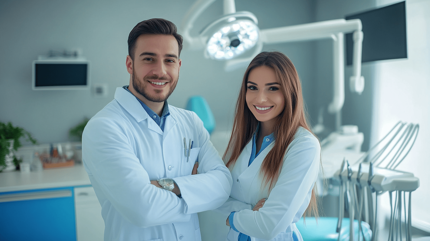Two dentists standing in their clinic in Balboa Park, California.