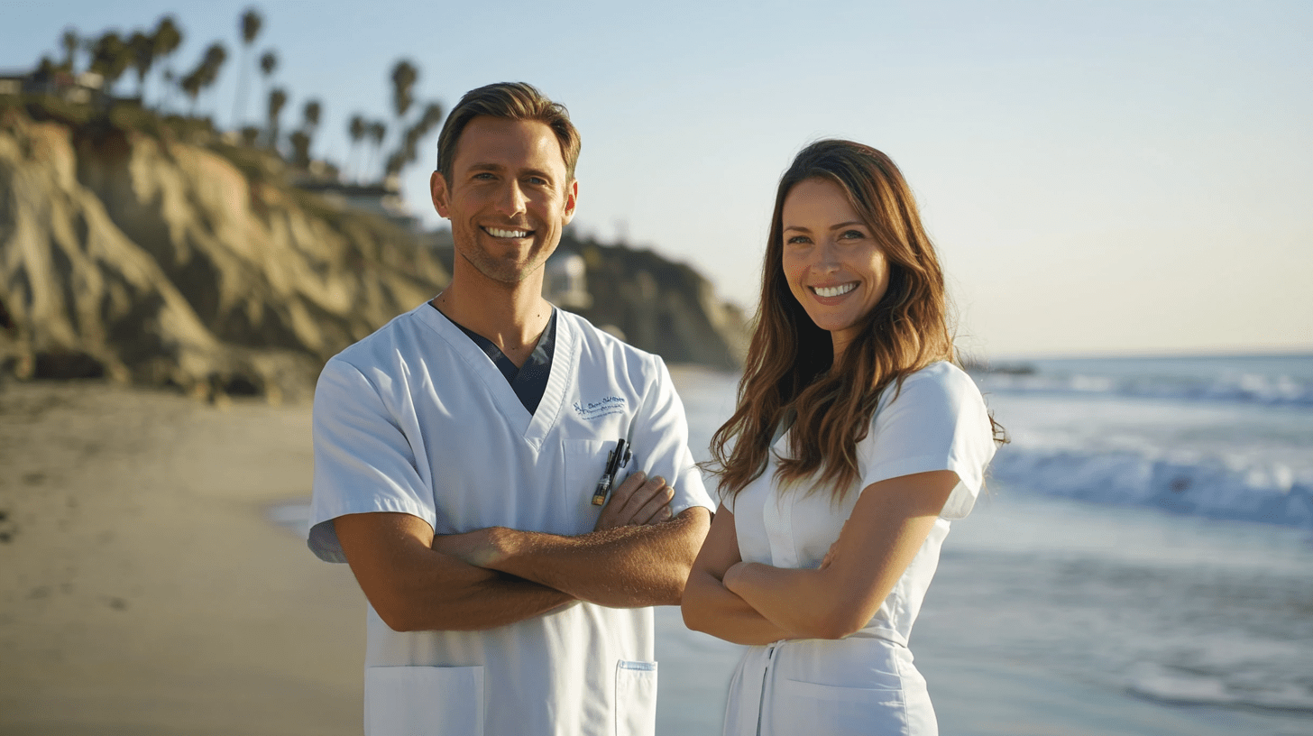 Two dentists standing near the beach at Encinitas, California.