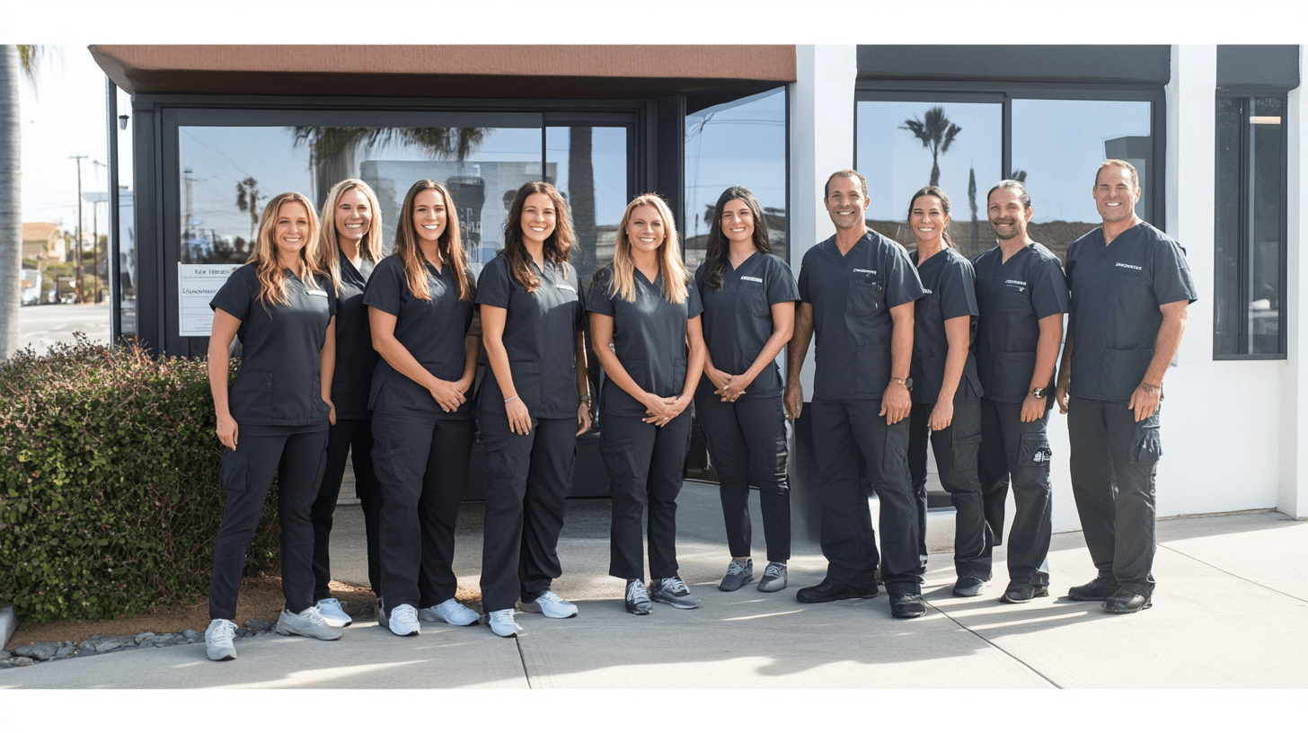 A team of dentists standing outside their clinic in Encinitas, California.