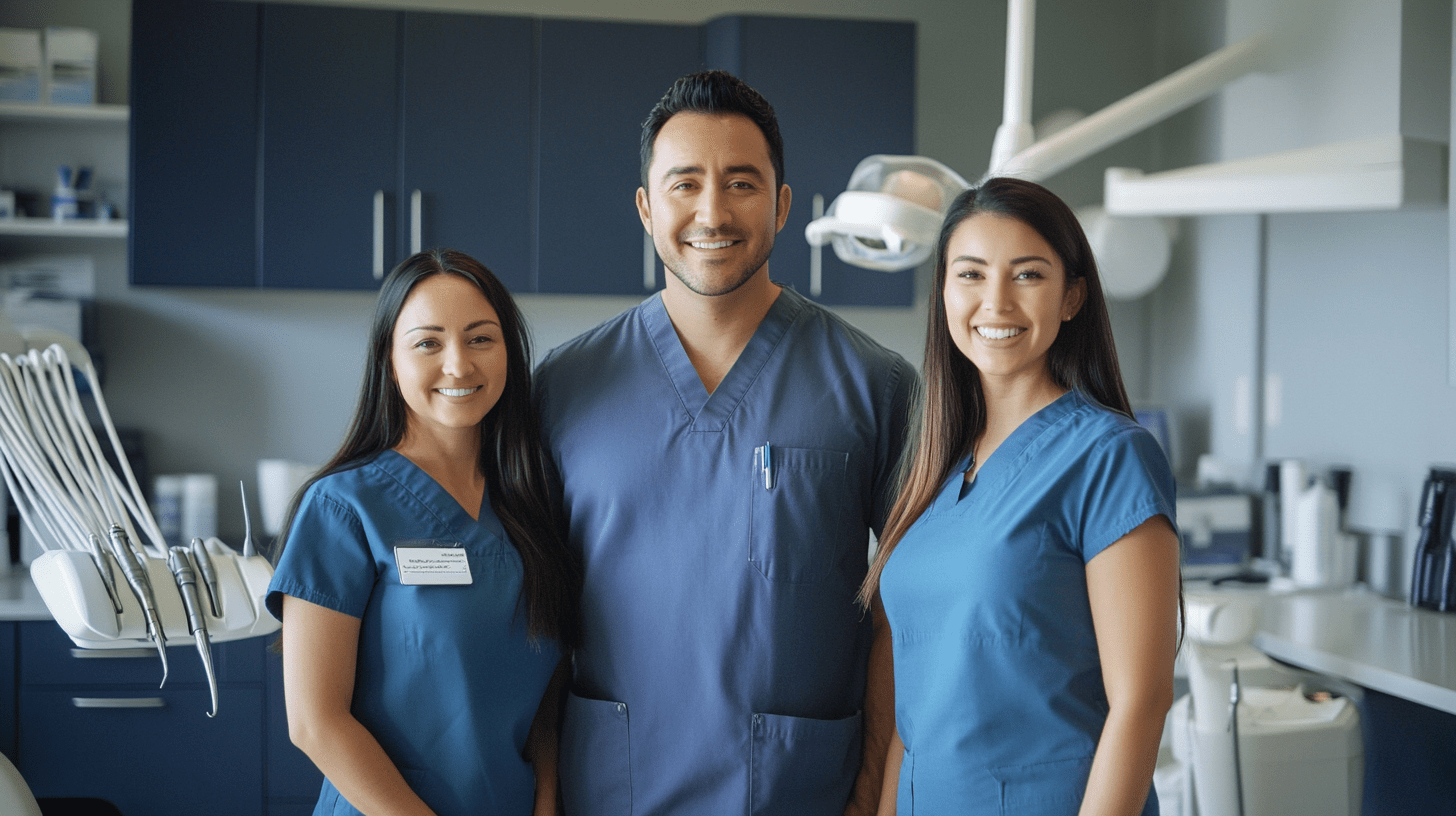 Three dentists standing inside their clinic in Fletcher Hills, California.