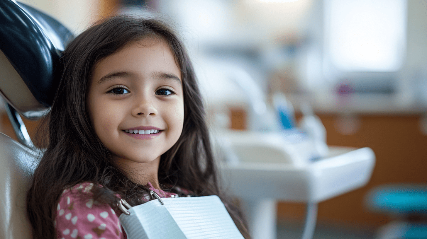 A young girl patient sitting in a dental chair in a clinic in Fletcher Hills, California.