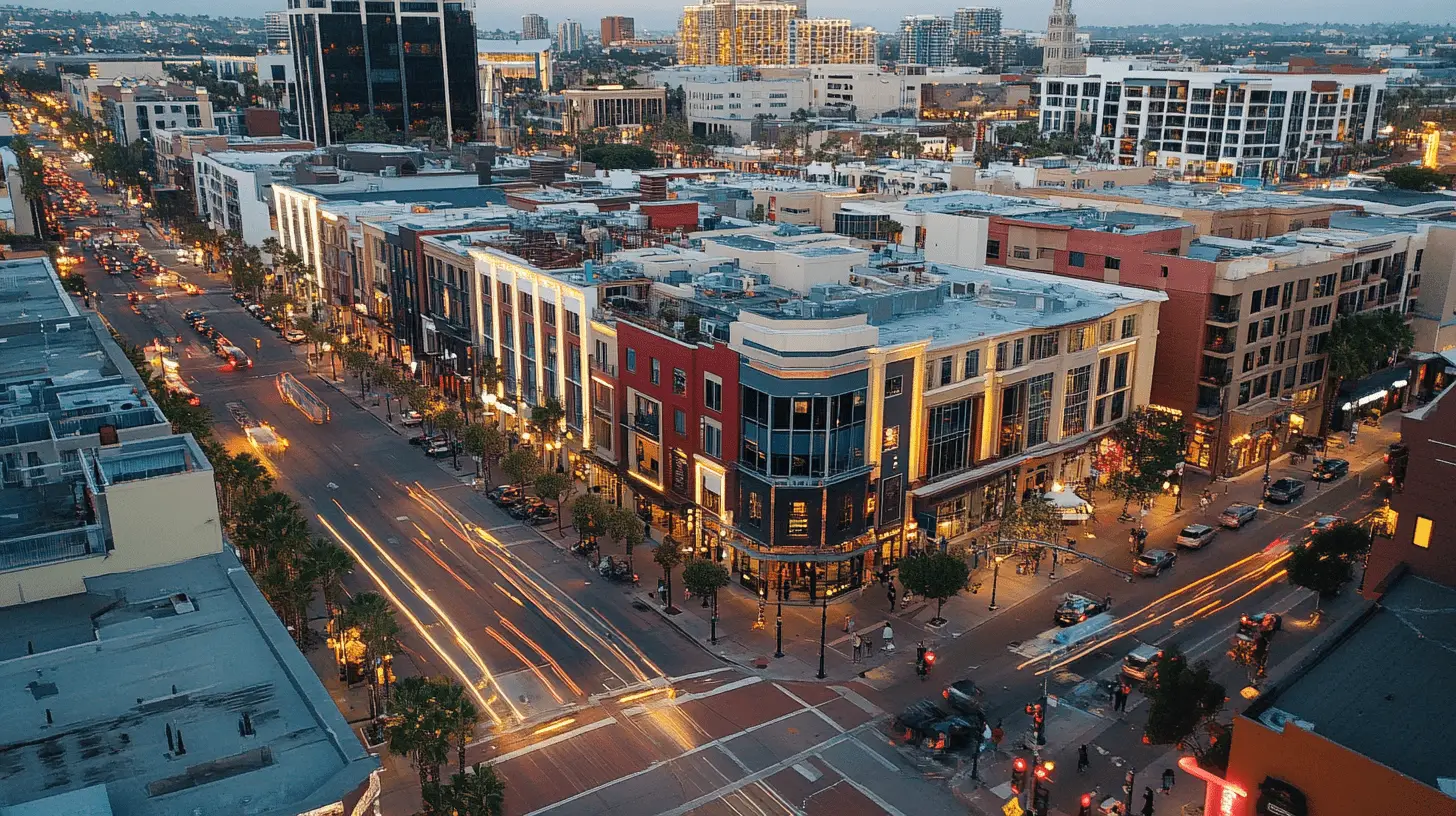 An arial photo of Gaslamp Quarter, California.