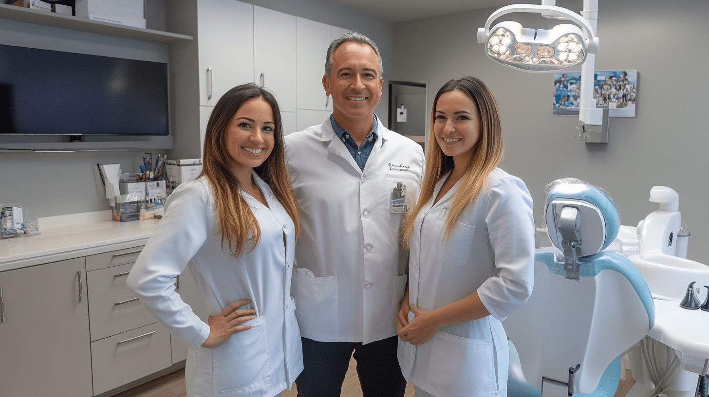 Three dentists standing in their clinic in Gaslamp Quarter, California.