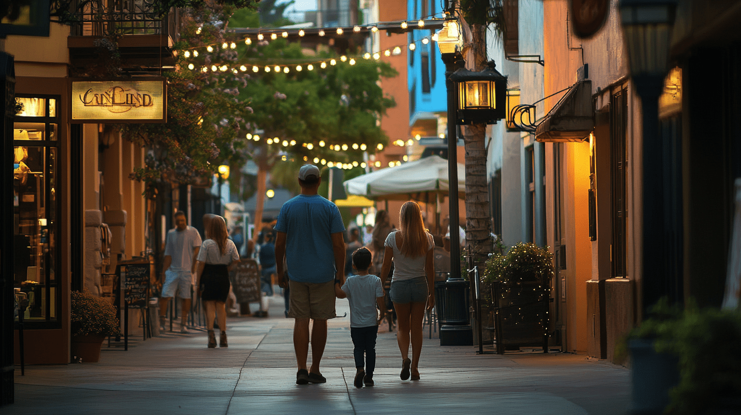 A family walking through the Gaslamp Quarter, California.
