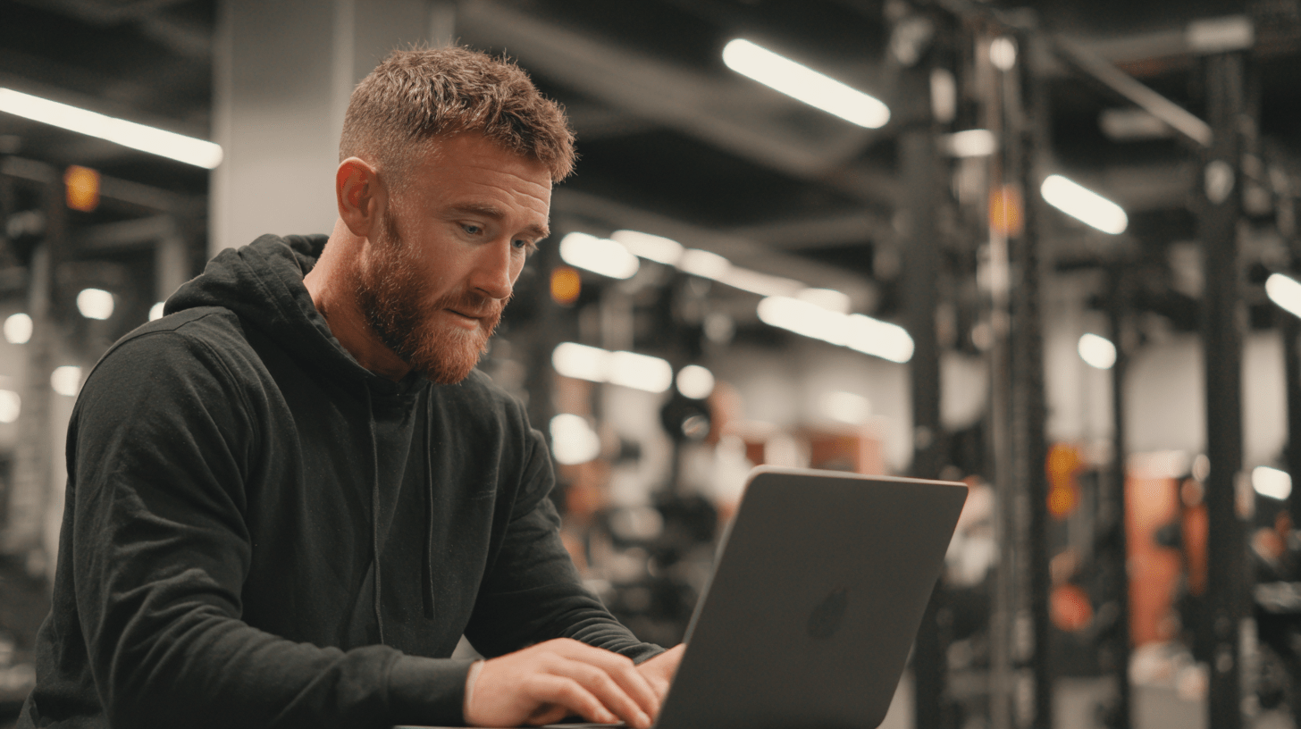 A gym owner working on a laptop in his gym and crafting google ads.