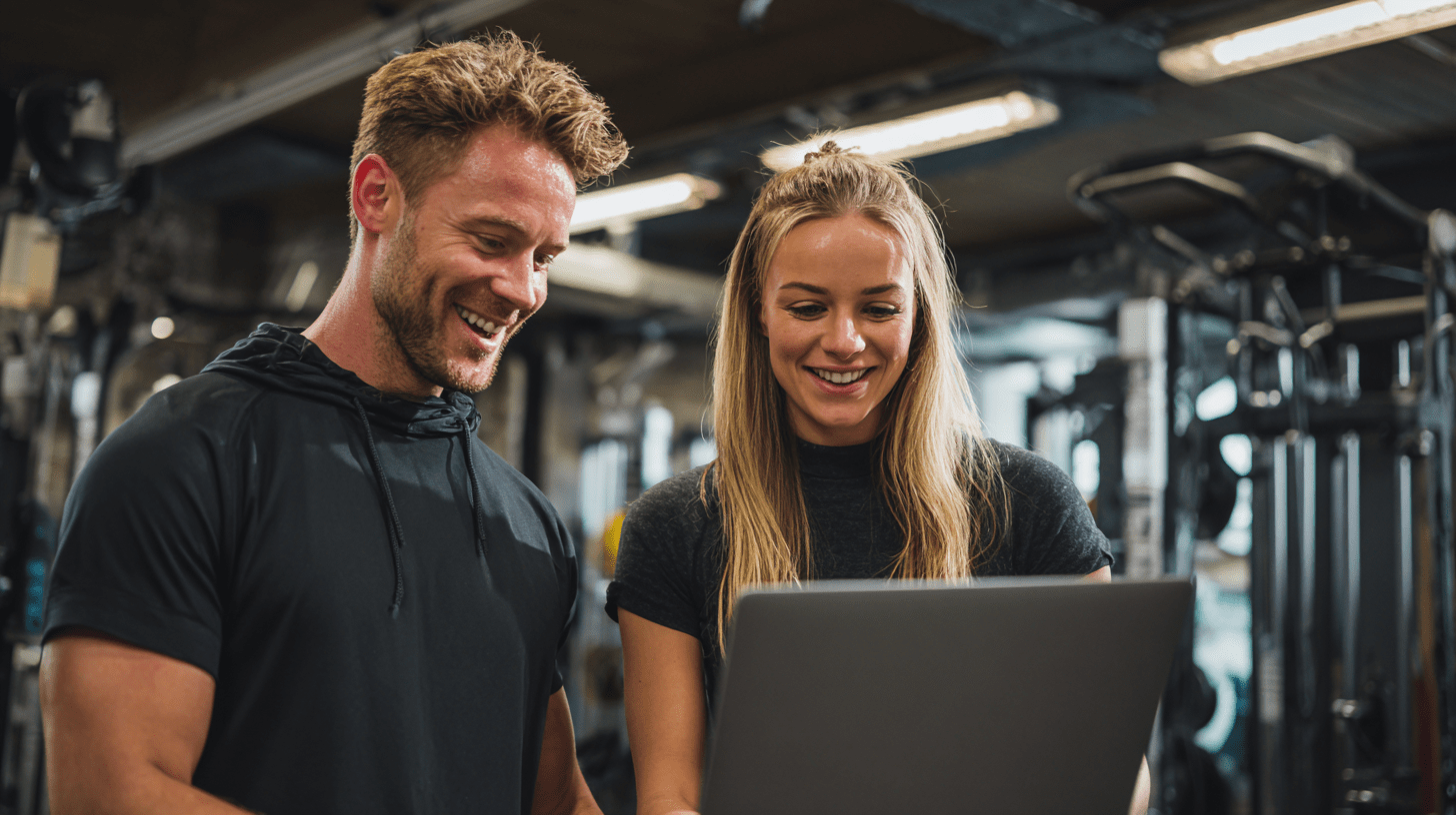 Two gym owners working on a laptop measuring their google ads performance.