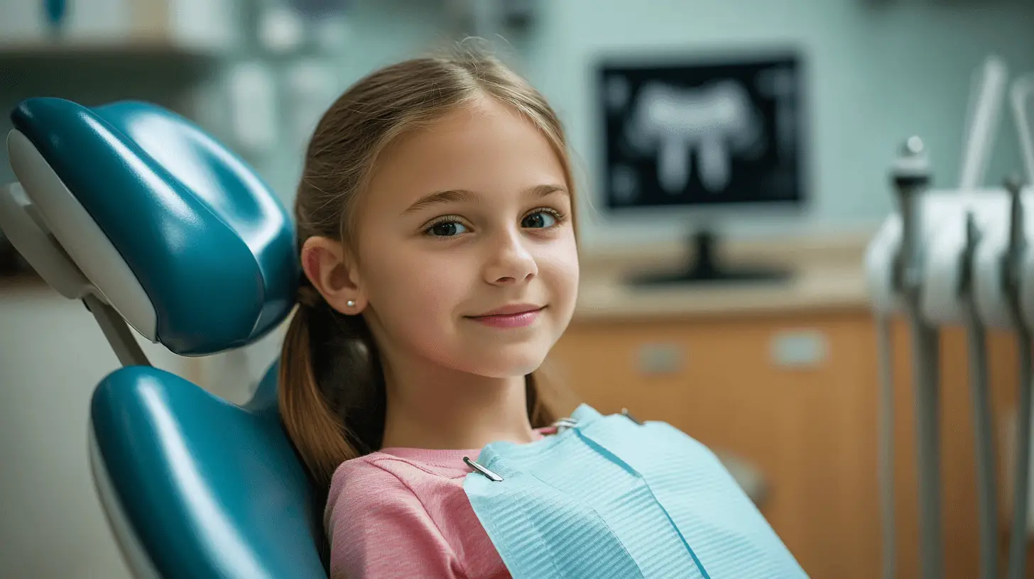 A young girl sitting in a dental chair in a clinic in Hillcrest, California.