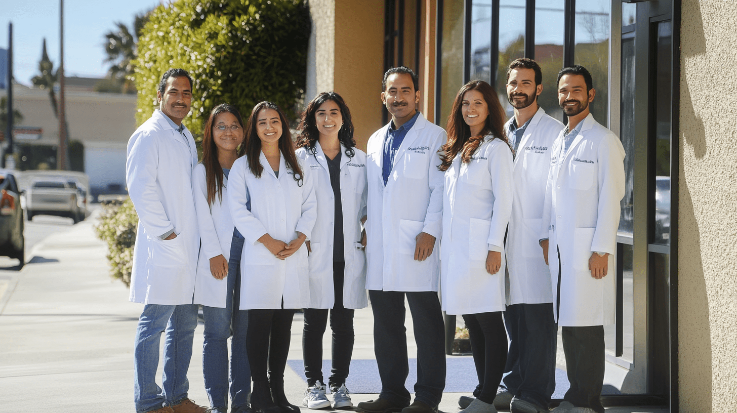A team of dentists standing outside their clinic in Hillcrest, California.