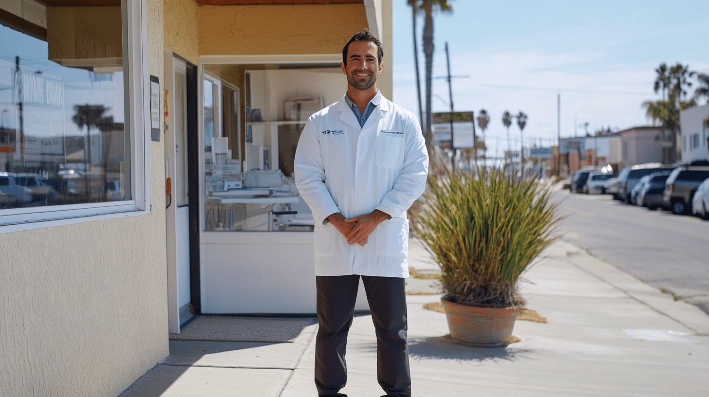 A dentist standing outside his clinic in Imperial Beach, California.