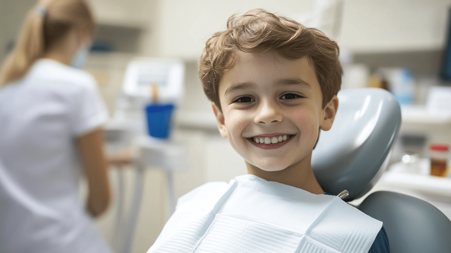 A young boy sitting in a dental chair in a clinic in Imperial Beach, California.
