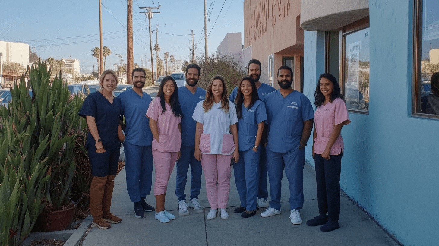 A team of dentists standing outside their clinic in Jamacha-Lomito, California.