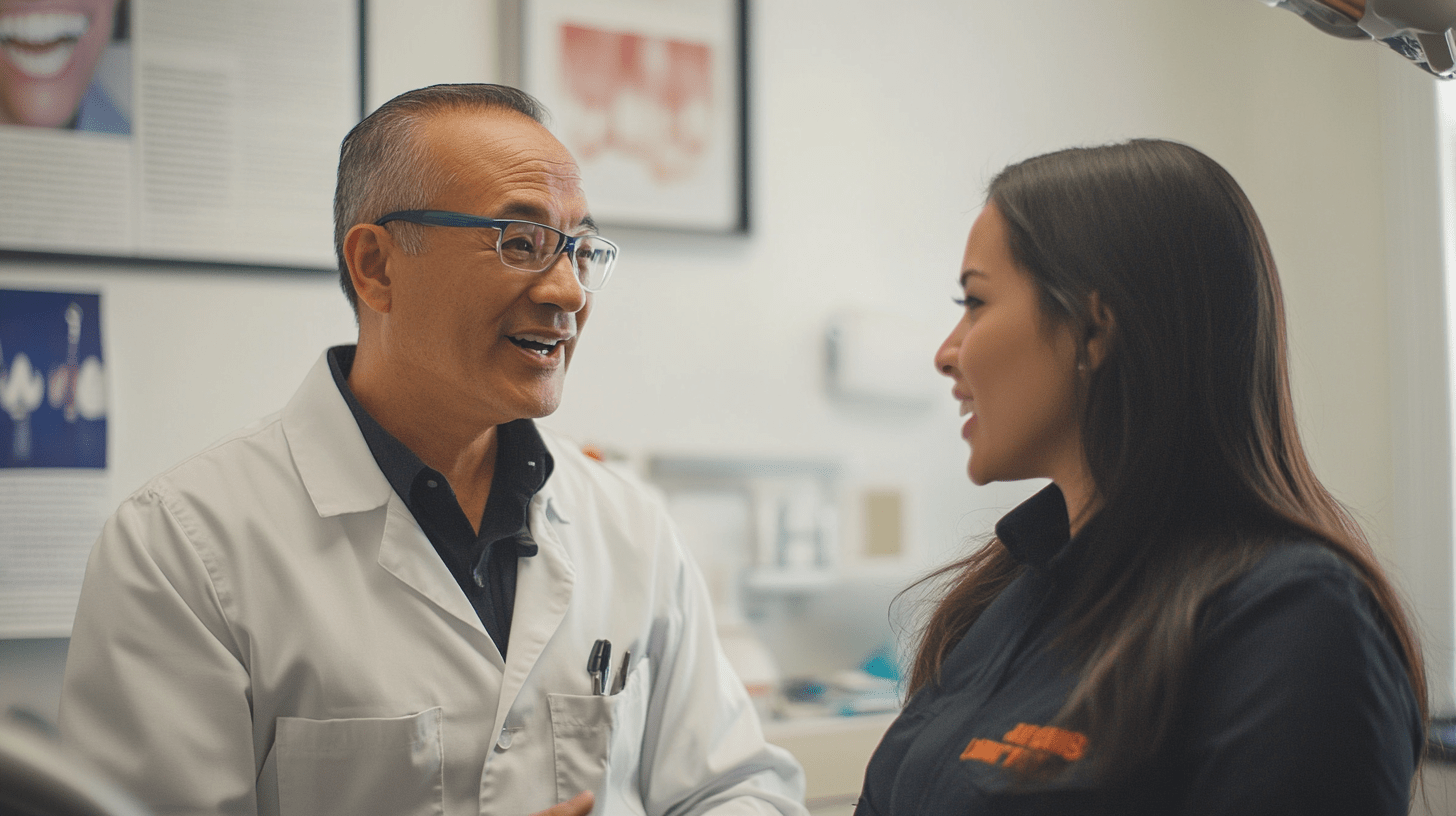 Two dentists talking in their clinic in Kensington, San Diego.