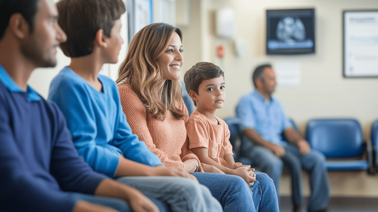 A family in the waiting room of a dental clinic in Kensington, San Diego.