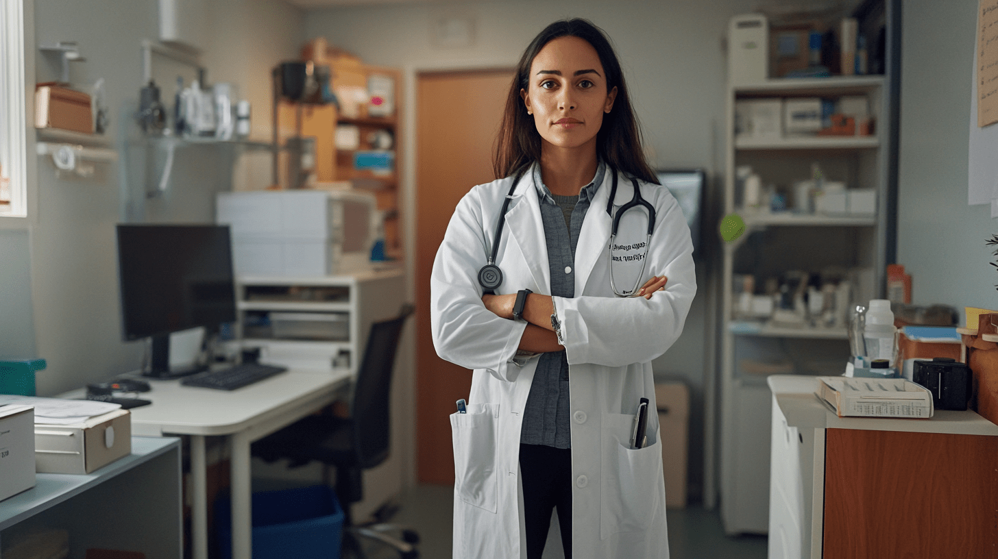 A doctor standing in her clinic in Kings Meadows, Launceston.
