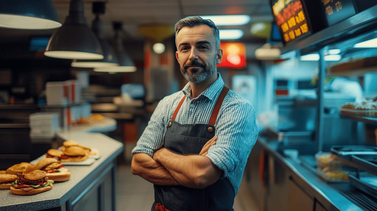 A fast food restaurant owner standing in his restaurant in Kings Meadows, Launceston.
