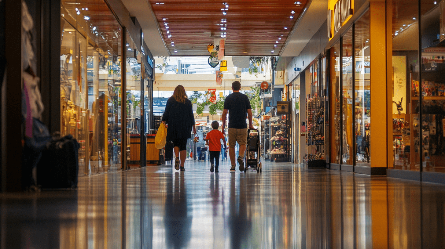 A family walking through a shopping centre in Kings Meadows, Launceston.
