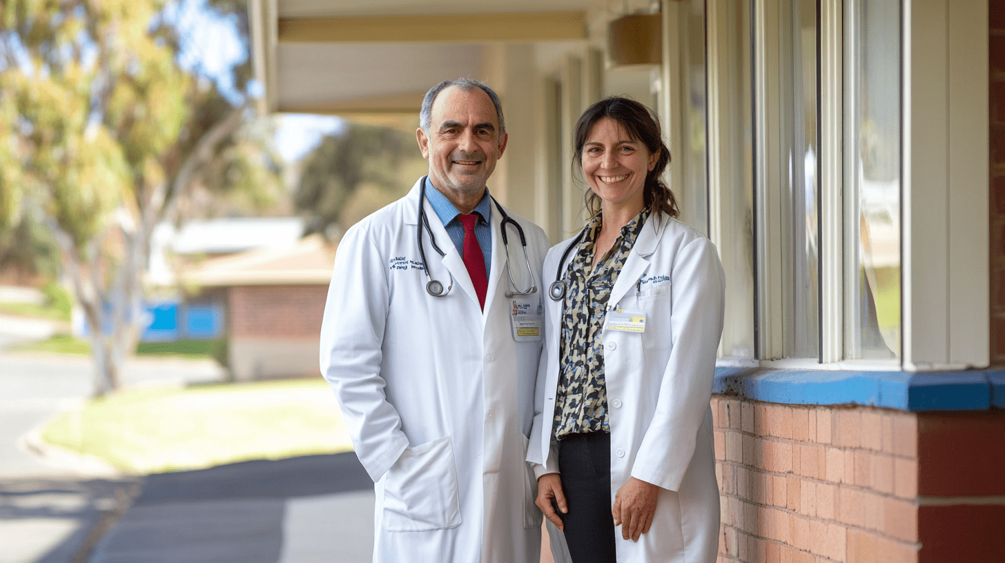 Two doctors standing outside their clinic in Kooringal, Wagga Wagga.
