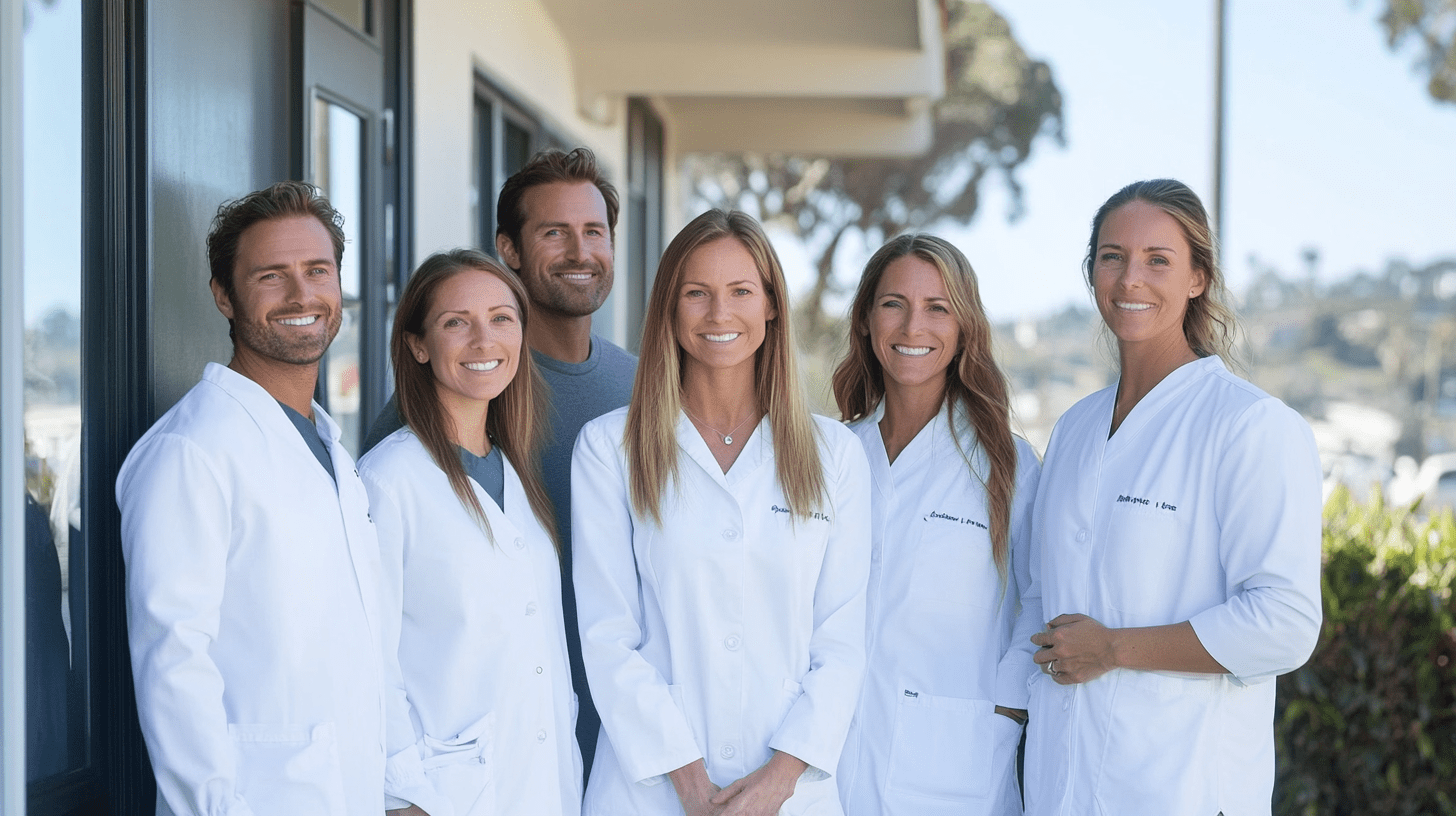 A team of dentists standing outside their clinic in La Jolla, California.