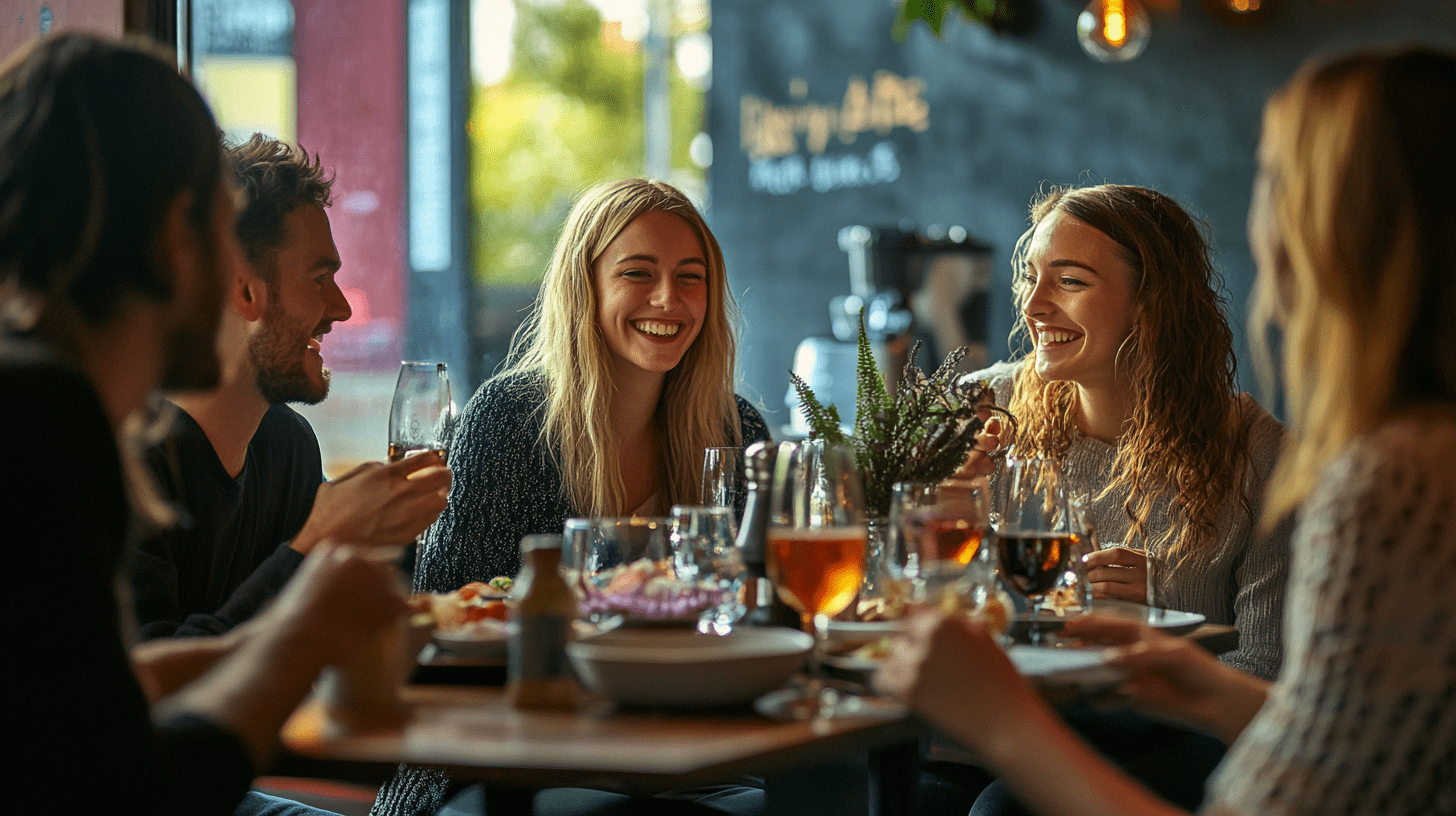 A group of friends having lunch at a restaurant in Launceston.