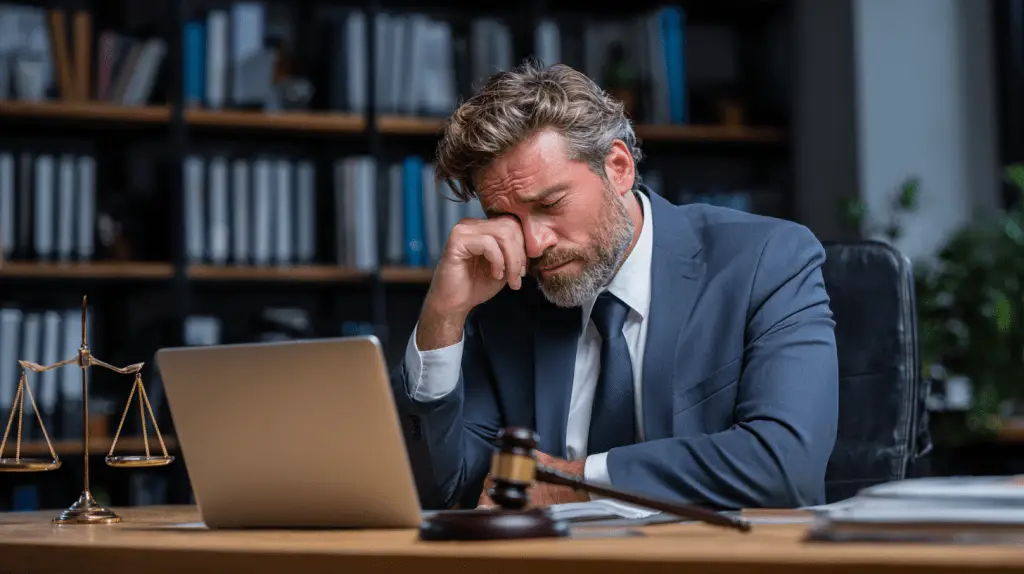 A lawyer sitting at his desk in his office and frustrated about SEO mistakes.