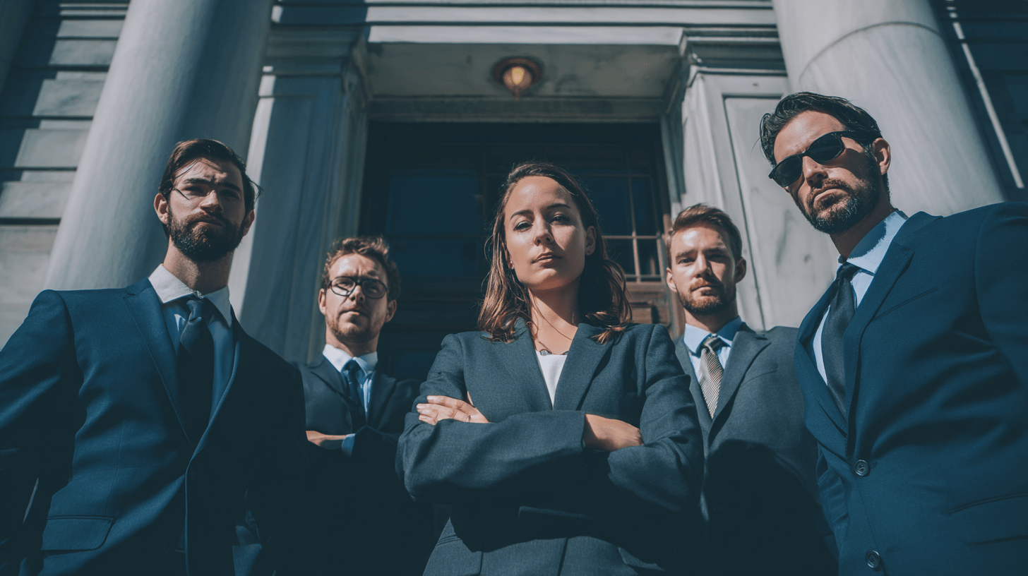 A team of lawyers standing outside their office.