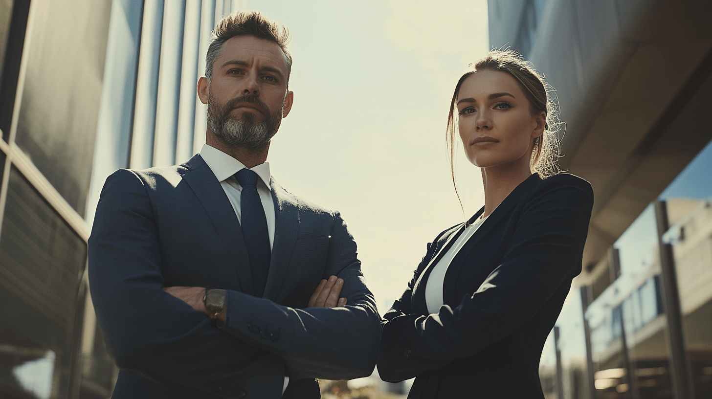 Two lawyers standing outside in the Canberra CBD.