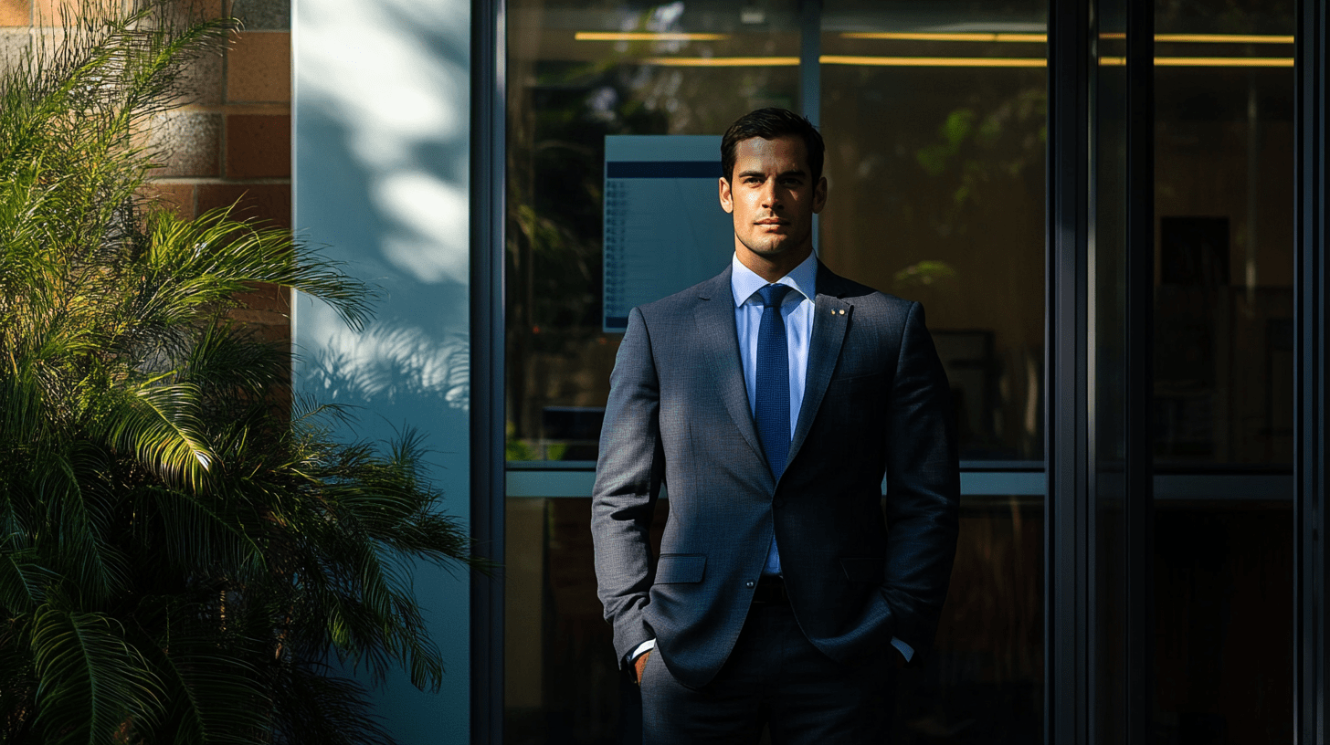A lawyer standing outside his office in Adelaide.