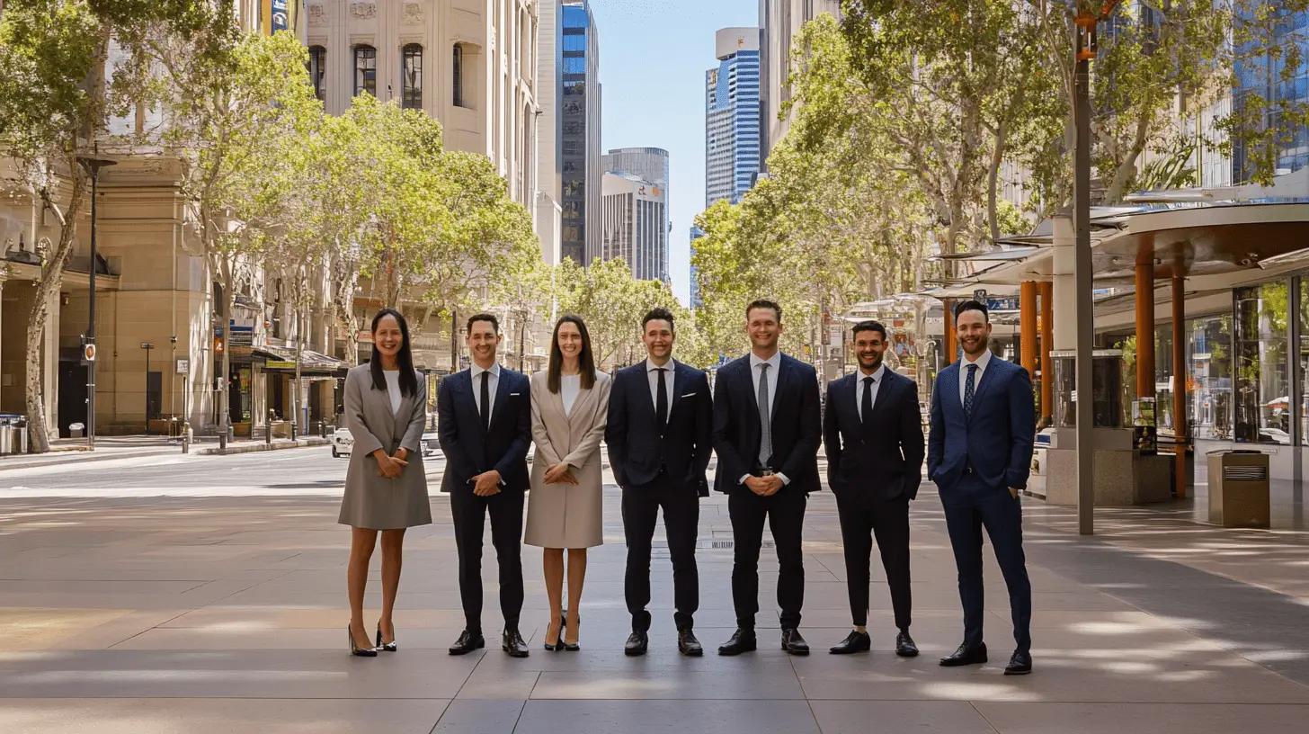 A team of lawyers posing for a photo in the Adelaide CBD.