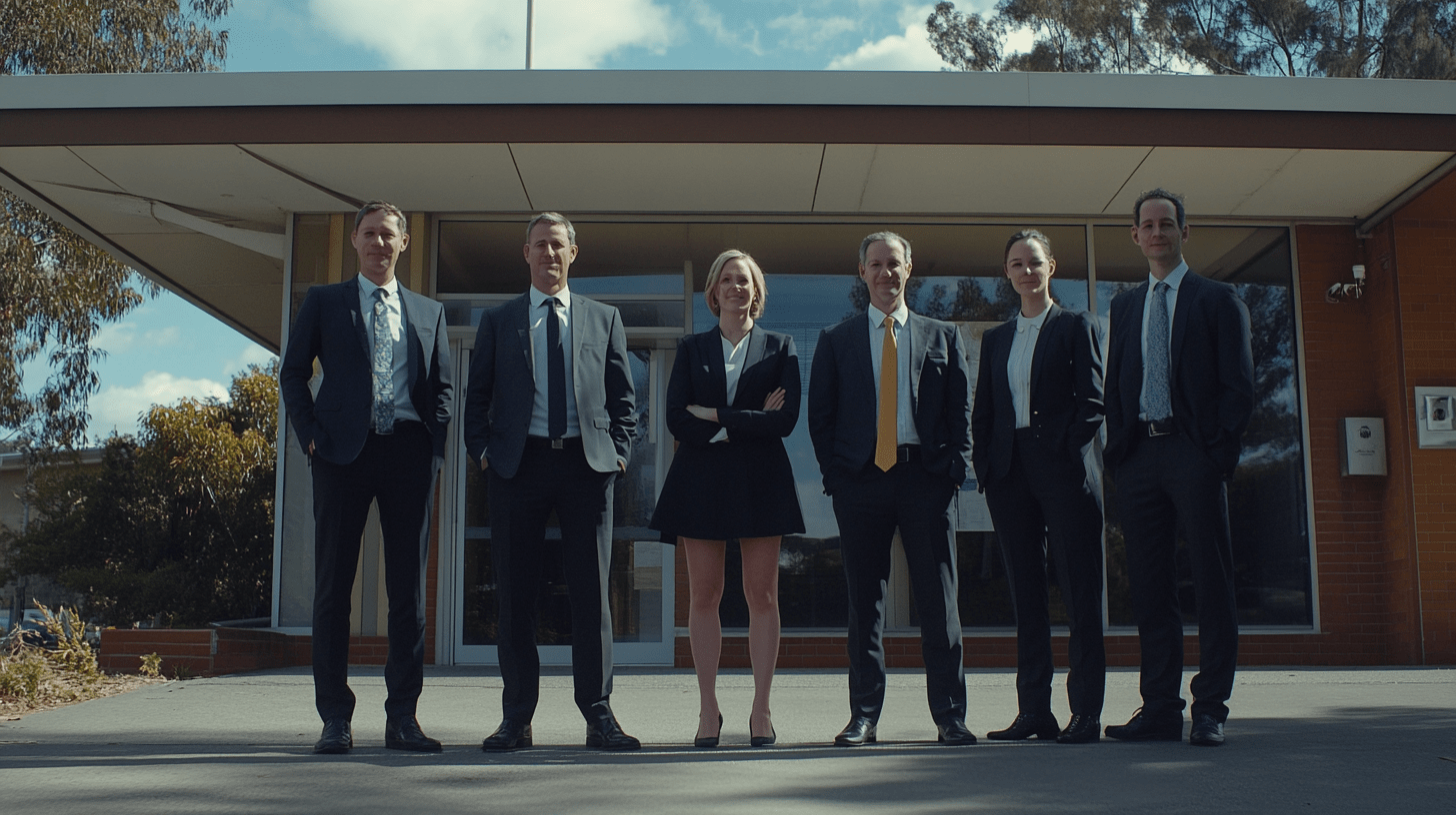 A team of lawyers standing outside their office in Barton, Canberra.