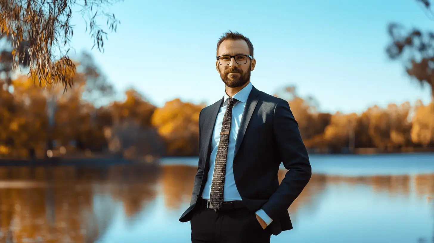 A lawyer standing on the banks of Lake Ginninderra, Belconnen.