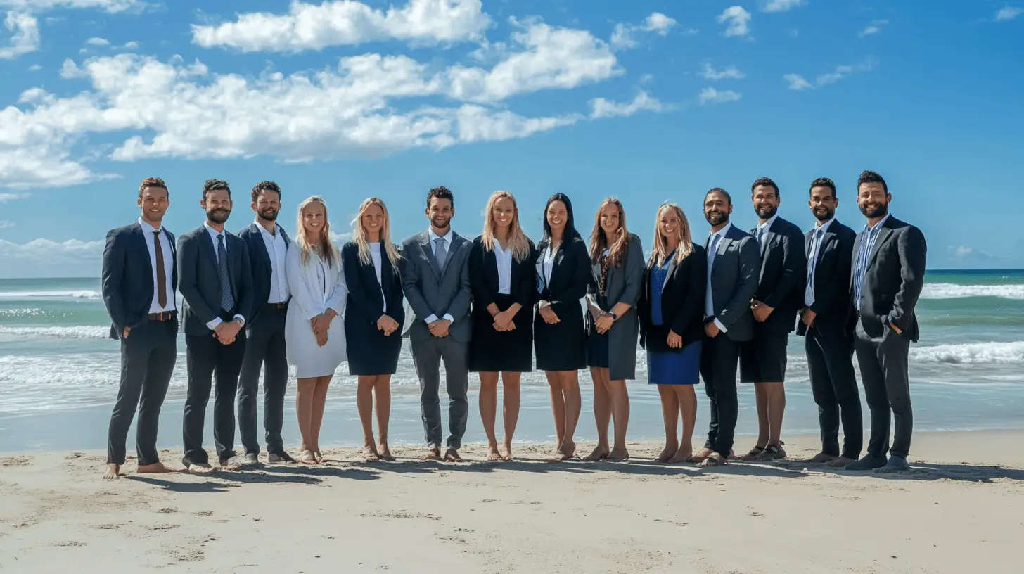 A team of lawyers standing on the beach at Caloundra, Sunshine Coast.