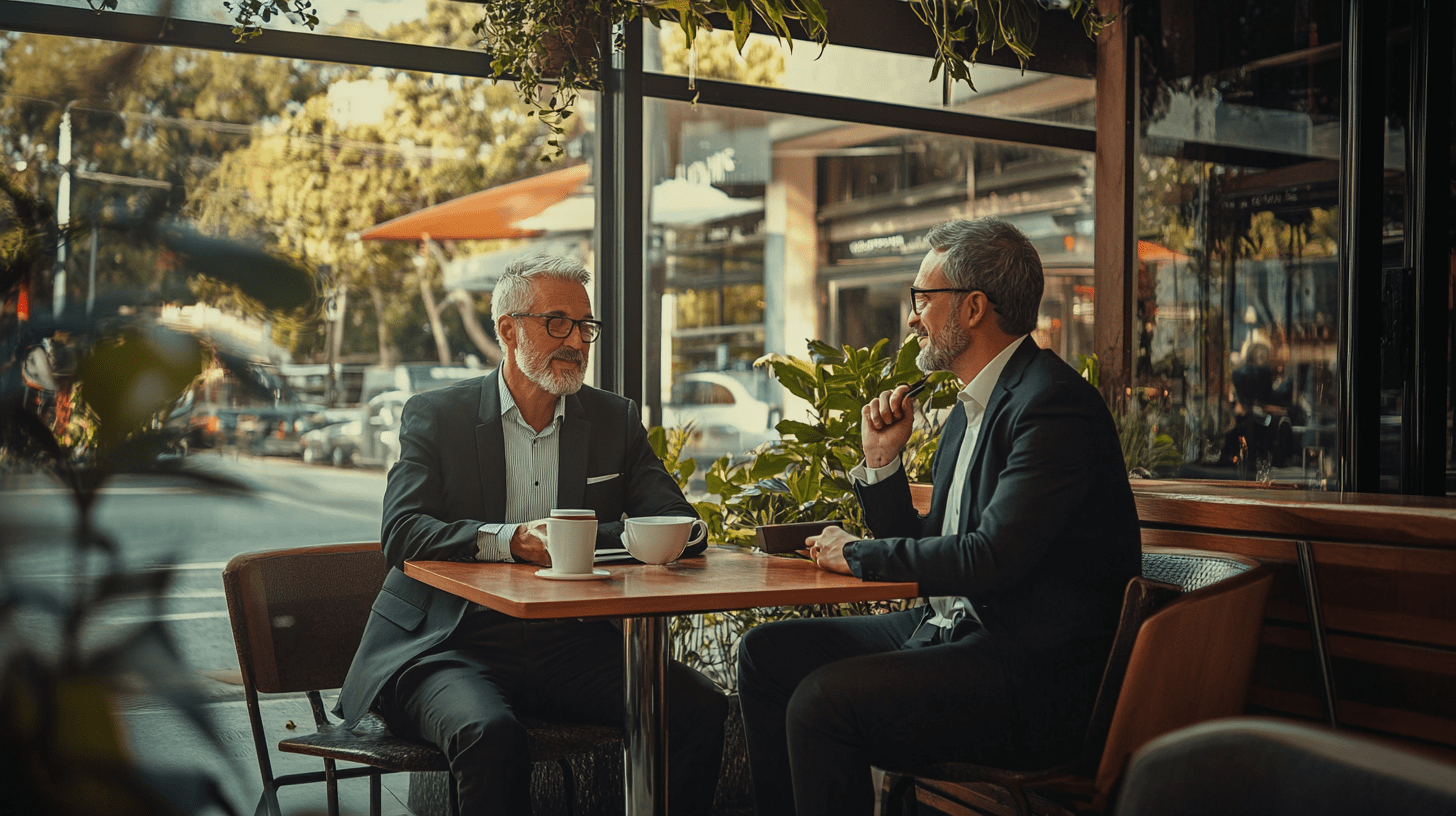 Two lawyers having a meeting at a cafe in Canberra.