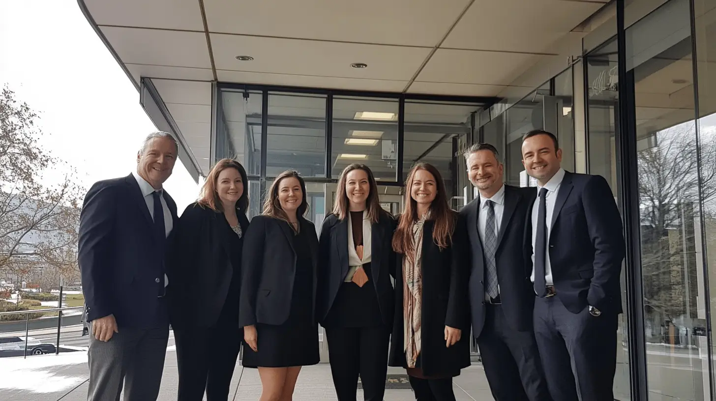 A team of lawyers standing outside their office in Canberra.