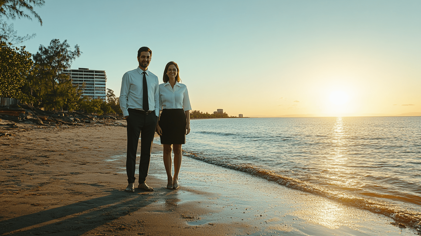 Two lawyers standing at the beach in Darwin. 