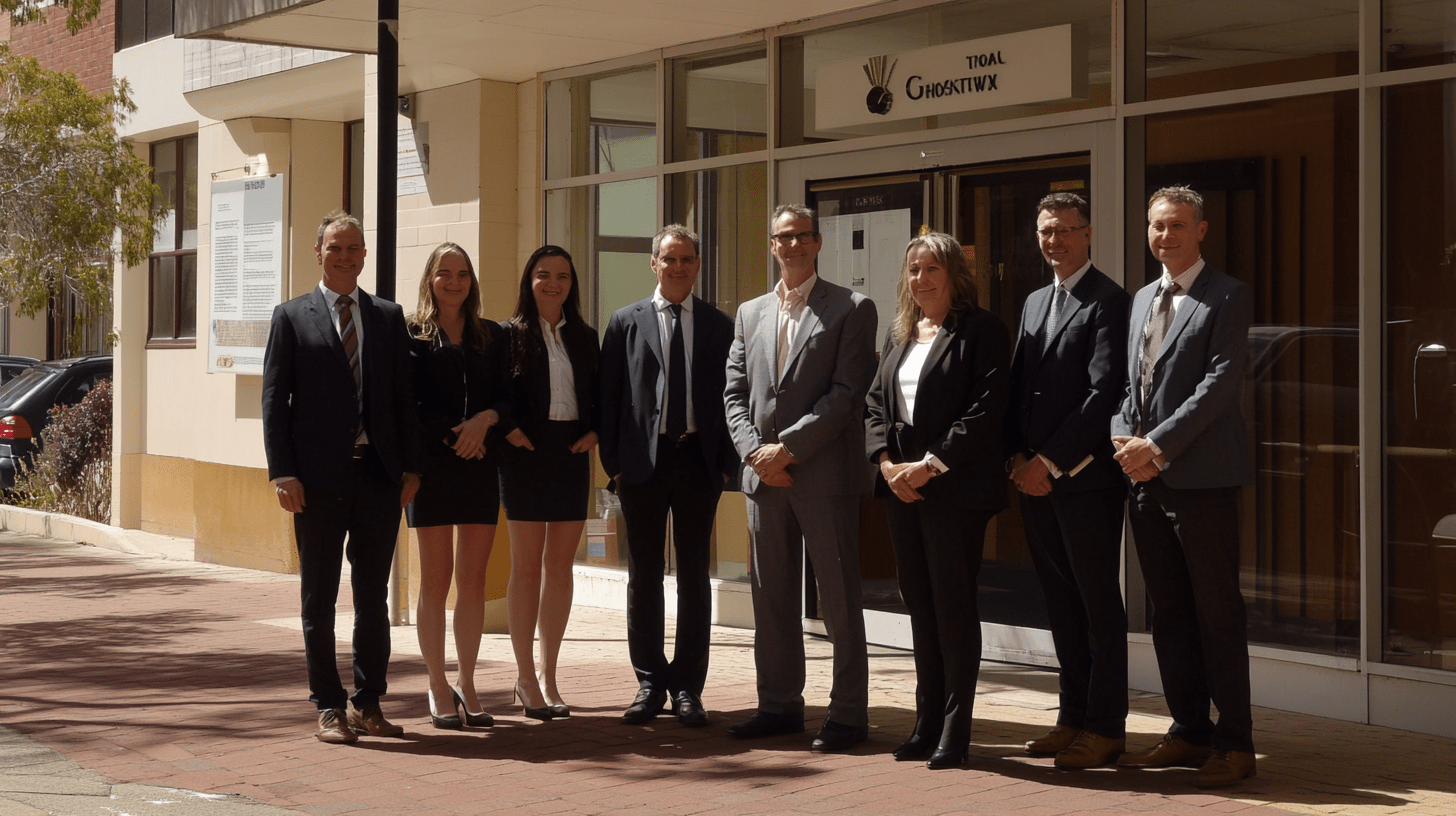 A team of lawyers standing outside their office in Glenelg.