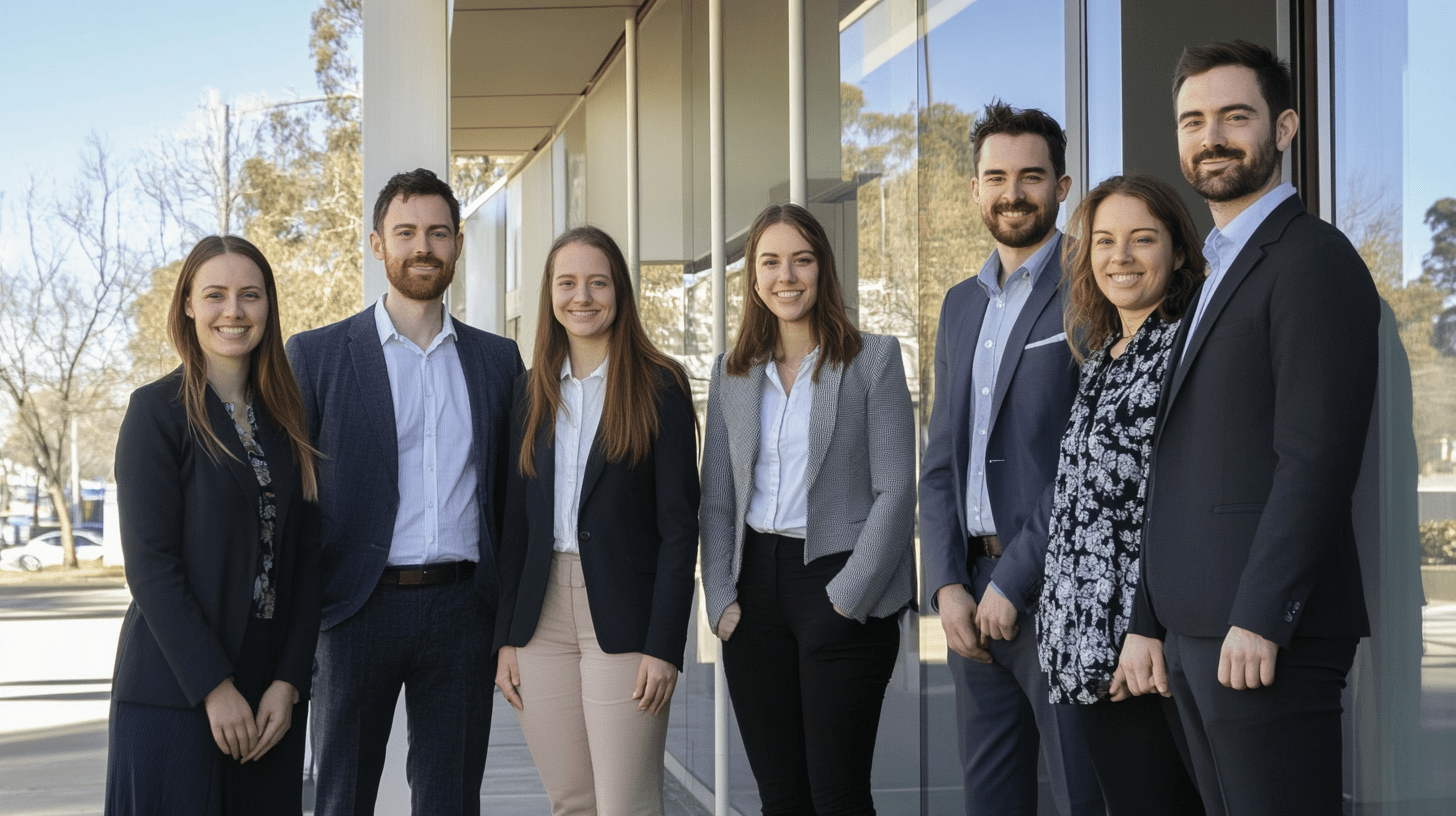 A team of lawyers standing outside their office in Gungahlin, Canberra.