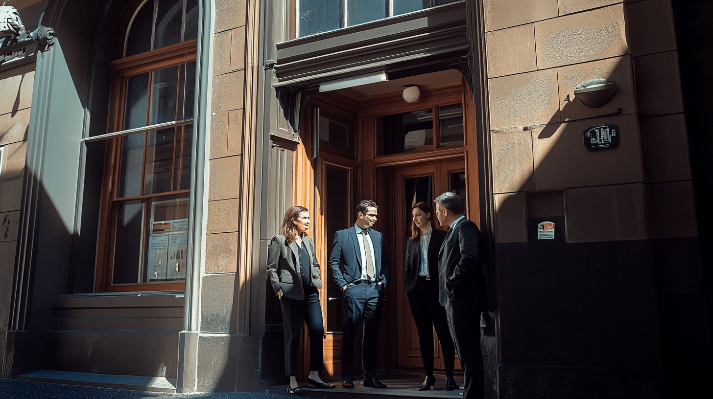 A group of lawyers standing outside their office in Hobart CBD.